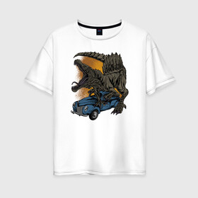 Женская футболка хлопок Oversize с принтом Спинозавр в Екатеринбурге, 100% хлопок | свободный крой, круглый ворот, спущенный рукав, длина до линии бедер
 | авто | динозавр | иллюстрация | машина | спинозавр