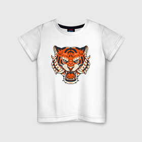 Детская футболка хлопок с принтом Super Tiger в Екатеринбурге, 100% хлопок | круглый вырез горловины, полуприлегающий силуэт, длина до линии бедер | 2022 | animal | cat | lion | tiger | год тигра | животные | зверь | зубы | кот | кошка | лев | охотник | полосатый | природа | тигр | тигренок | тигрица | хищник