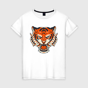 Женская футболка хлопок с принтом Super Tiger в Екатеринбурге, 100% хлопок | прямой крой, круглый вырез горловины, длина до линии бедер, слегка спущенное плечо | 2022 | animal | cat | lion | tiger | год тигра | животные | зверь | зубы | кот | кошка | лев | охотник | полосатый | природа | тигр | тигренок | тигрица | хищник