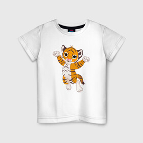Детская футболка хлопок с принтом Милый тигренок в Екатеринбурге, 100% хлопок | круглый вырез горловины, полуприлегающий силуэт, длина до линии бедер | 2022 | animal | cat | lion | tiger | год тигра | животные | зверь | зубы | кот | кошка | лев | охотник | полосатый | природа | тигр | тигренок | тигрица | хищник