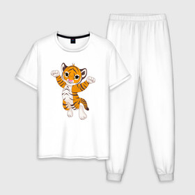 Мужская пижама хлопок с принтом Милый тигренок в Екатеринбурге, 100% хлопок | брюки и футболка прямого кроя, без карманов, на брюках мягкая резинка на поясе и по низу штанин
 | 2022 | animal | cat | lion | tiger | год тигра | животные | зверь | зубы | кот | кошка | лев | охотник | полосатый | природа | тигр | тигренок | тигрица | хищник