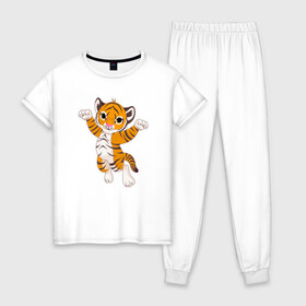 Женская пижама хлопок с принтом Милый тигренок в Екатеринбурге, 100% хлопок | брюки и футболка прямого кроя, без карманов, на брюках мягкая резинка на поясе и по низу штанин | 2022 | animal | cat | lion | tiger | год тигра | животные | зверь | зубы | кот | кошка | лев | охотник | полосатый | природа | тигр | тигренок | тигрица | хищник