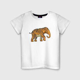 Детская футболка хлопок с принтом Тигровый слон в Екатеринбурге, 100% хлопок | круглый вырез горловины, полуприлегающий силуэт, длина до линии бедер | 2022 | animal | cat | elephant | lion | tiger | африка | год тигра | животные | зверь | зубы | кот | кошка | лев | охотник | полосатый | природа | слон | слоненок | тигр | тигренок | тигрица | хищник
