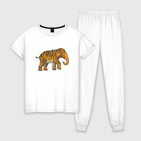 Женская пижама хлопок с принтом Тигровый слон в Екатеринбурге, 100% хлопок | брюки и футболка прямого кроя, без карманов, на брюках мягкая резинка на поясе и по низу штанин | Тематика изображения на принте: 2022 | animal | cat | elephant | lion | tiger | африка | год тигра | животные | зверь | зубы | кот | кошка | лев | охотник | полосатый | природа | слон | слоненок | тигр | тигренок | тигрица | хищник
