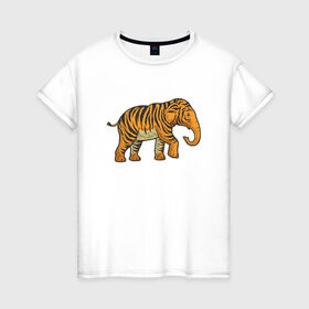 Женская футболка хлопок с принтом Тигровый слон в Екатеринбурге, 100% хлопок | прямой крой, круглый вырез горловины, длина до линии бедер, слегка спущенное плечо | 2022 | animal | cat | elephant | lion | tiger | африка | год тигра | животные | зверь | зубы | кот | кошка | лев | охотник | полосатый | природа | слон | слоненок | тигр | тигренок | тигрица | хищник