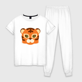 Женская пижама хлопок с принтом Cute Tiger в Екатеринбурге, 100% хлопок | брюки и футболка прямого кроя, без карманов, на брюках мягкая резинка на поясе и по низу штанин | 2022 | animal | cat | lion | tiger | год тигра | животные | зверь | зубы | кот | кошка | лев | охотник | полосатый | природа | тигр | тигренок | тигрица | хищник
