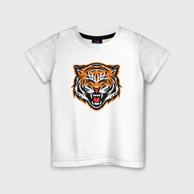 Детская футболка хлопок с принтом Грозный тигр в Екатеринбурге, 100% хлопок | круглый вырез горловины, полуприлегающий силуэт, длина до линии бедер | 2022 | animal | cat | lion | tiger | год тигра | животные | зверь | зубы | кот | кошка | лев | охотник | полосатый | природа | тигр | тигренок | тигрица | хищник
