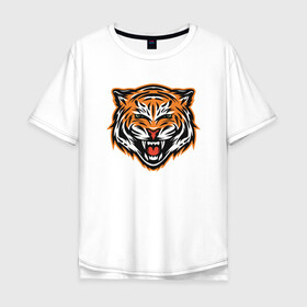 Мужская футболка хлопок Oversize с принтом Грозный тигр в Екатеринбурге, 100% хлопок | свободный крой, круглый ворот, “спинка” длиннее передней части | 2022 | animal | cat | lion | tiger | год тигра | животные | зверь | зубы | кот | кошка | лев | охотник | полосатый | природа | тигр | тигренок | тигрица | хищник