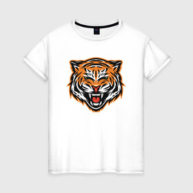 Женская футболка хлопок с принтом Грозный тигр в Екатеринбурге, 100% хлопок | прямой крой, круглый вырез горловины, длина до линии бедер, слегка спущенное плечо | 2022 | animal | cat | lion | tiger | год тигра | животные | зверь | зубы | кот | кошка | лев | охотник | полосатый | природа | тигр | тигренок | тигрица | хищник