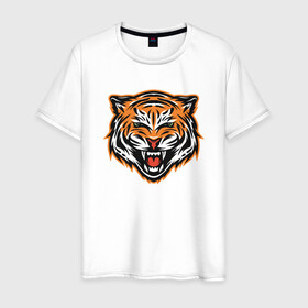 Мужская футболка хлопок с принтом Грозный тигр в Екатеринбурге, 100% хлопок | прямой крой, круглый вырез горловины, длина до линии бедер, слегка спущенное плечо. | 2022 | animal | cat | lion | tiger | год тигра | животные | зверь | зубы | кот | кошка | лев | охотник | полосатый | природа | тигр | тигренок | тигрица | хищник