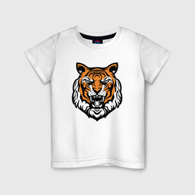 Детская футболка хлопок с принтом Голова тигра в Екатеринбурге, 100% хлопок | круглый вырез горловины, полуприлегающий силуэт, длина до линии бедер | 2022 | animal | cat | lion | tiger | год тигра | животные | зверь | зубы | кот | кошка | лев | охотник | полосатый | природа | тигр | тигренок | тигрица | хищник