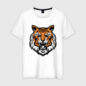 Мужская футболка хлопок с принтом Голова тигра в Екатеринбурге, 100% хлопок | прямой крой, круглый вырез горловины, длина до линии бедер, слегка спущенное плечо. | 2022 | animal | cat | lion | tiger | год тигра | животные | зверь | зубы | кот | кошка | лев | охотник | полосатый | природа | тигр | тигренок | тигрица | хищник