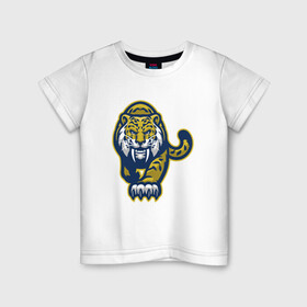 Детская футболка хлопок с принтом Тигр Охотник в Екатеринбурге, 100% хлопок | круглый вырез горловины, полуприлегающий силуэт, длина до линии бедер | 2022 | animal | cat | lion | tiger | год тигра | животные | зверь | зубы | кот | кошка | лев | охотник | полосатый | природа | тигр | тигренок | тигрица | хищник