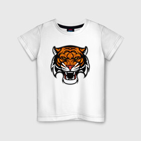 Детская футболка хлопок с принтом Оскал в Екатеринбурге, 100% хлопок | круглый вырез горловины, полуприлегающий силуэт, длина до линии бедер | 2022 | animal | cat | lion | tiger | год тигра | животные | зверь | зубы | кот | кошка | лев | охотник | полосатый | природа | тигр | тигренок | тигрица | хищник