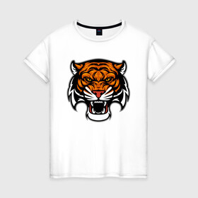 Женская футболка хлопок с принтом Оскал в Екатеринбурге, 100% хлопок | прямой крой, круглый вырез горловины, длина до линии бедер, слегка спущенное плечо | 2022 | animal | cat | lion | tiger | год тигра | животные | зверь | зубы | кот | кошка | лев | охотник | полосатый | природа | тигр | тигренок | тигрица | хищник