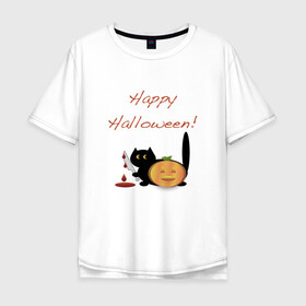 Мужская футболка хлопок Oversize с принтом Happy Halloween! в Екатеринбурге, 100% хлопок | свободный крой, круглый ворот, “спинка” длиннее передней части | halloween | hallowin | hellowin | котик | страшилка | тыква | хэллоувин