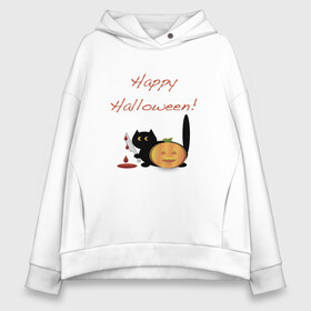 Женское худи Oversize хлопок с принтом Happy Halloween! в Екатеринбурге, френч-терри — 70% хлопок, 30% полиэстер. Мягкий теплый начес внутри —100% хлопок | боковые карманы, эластичные манжеты и нижняя кромка, капюшон на магнитной кнопке | halloween | hallowin | hellowin | котик | страшилка | тыква | хэллоувин