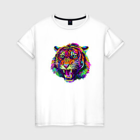Женская футболка хлопок с принтом Color Tiger в Екатеринбурге, 100% хлопок | прямой крой, круглый вырез горловины, длина до линии бедер, слегка спущенное плечо | 2022 | animal | cat | lion | tiger | год тигра | животные | зверь | зубы | кот | кошка | лев | охотник | полосатый | природа | тигр | тигренок | тигрица | хищник