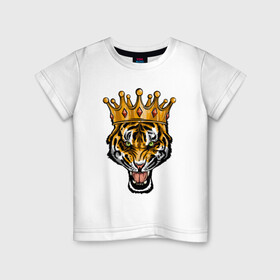 Детская футболка хлопок с принтом Царь тигр в Екатеринбурге, 100% хлопок | круглый вырез горловины, полуприлегающий силуэт, длина до линии бедер | Тематика изображения на принте: 2022 | animal | cat | lion | tiger | год тигра | животные | зверь | зубы | кот | кошка | лев | охотник | полосатый | природа | тигр | тигренок | тигрица | хищник