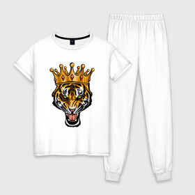 Женская пижама хлопок с принтом Царь тигр в Екатеринбурге, 100% хлопок | брюки и футболка прямого кроя, без карманов, на брюках мягкая резинка на поясе и по низу штанин | 2022 | animal | cat | lion | tiger | год тигра | животные | зверь | зубы | кот | кошка | лев | охотник | полосатый | природа | тигр | тигренок | тигрица | хищник