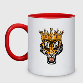 Кружка двухцветная с принтом Царь тигр в Екатеринбурге, керамика | объем — 330 мл, диаметр — 80 мм. Цветная ручка и кайма сверху, в некоторых цветах — вся внутренняя часть | 2022 | animal | cat | lion | tiger | год тигра | животные | зверь | зубы | кот | кошка | лев | охотник | полосатый | природа | тигр | тигренок | тигрица | хищник