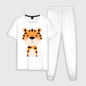 Мужская пижама хлопок с принтом Cartoon Tiger в Екатеринбурге, 100% хлопок | брюки и футболка прямого кроя, без карманов, на брюках мягкая резинка на поясе и по низу штанин
 | Тематика изображения на принте: 2022 | animal | cat | lion | tiger | год тигра | животные | зверь | зубы | кот | кошка | лев | охотник | полосатый | природа | тигр | тигренок | тигрица | хищник