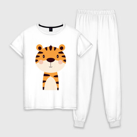 Женская пижама хлопок с принтом Cartoon Tiger в Екатеринбурге, 100% хлопок | брюки и футболка прямого кроя, без карманов, на брюках мягкая резинка на поясе и по низу штанин | 2022 | animal | cat | lion | tiger | год тигра | животные | зверь | зубы | кот | кошка | лев | охотник | полосатый | природа | тигр | тигренок | тигрица | хищник