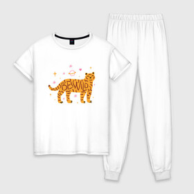 Женская пижама хлопок с принтом Be Wild в Екатеринбурге, 100% хлопок | брюки и футболка прямого кроя, без карманов, на брюках мягкая резинка на поясе и по низу штанин | 2022 | animal | cat | lion | tiger | год тигра | животные | зверь | зубы | кот | кошка | лев | охотник | полосатый | природа | тигр | тигренок | тигрица | хищник