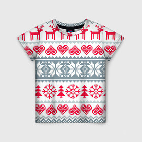 Детская футболка 3D с принтом Вязаный рисунок в Екатеринбурге, 100% гипоаллергенный полиэфир | прямой крой, круглый вырез горловины, длина до линии бедер, чуть спущенное плечо, ткань немного тянется | арт | вязаный рисунок | вязь | любовь | новый год | ночь | олени | олень | рисунок | рождество | сердечки | сердечко | сердце | снег | снеговик | снеговики | снежинка | снежинки