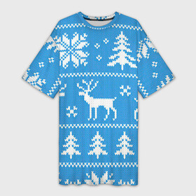 Платье-футболка 3D с принтом Зимняя дикая лесная ночь в Екатеринбурге,  |  | Тематика изображения на принте: арт | вязаный рисунок | вязь | ёлка | ёлки | ель | лес | новый год | ночь | олени | олень | рисунок | рождество | снег | снеговик | снеговики | снежинка | снежинки