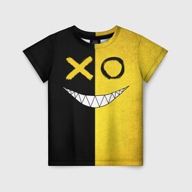 Детская футболка 3D с принтом Yellow and black smile в Екатеринбурге, 100% гипоаллергенный полиэфир | прямой крой, круглый вырез горловины, длина до линии бедер, чуть спущенное плечо, ткань немного тянется | emoji | smile | глаза крестики | злой смайл | злой смайлик | зубы | контраст | крестики | подарок | пятна | смайл | смайлик | улыбка | эмоджи | эмоция