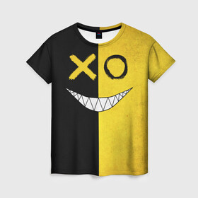 Женская футболка 3D с принтом Yellow and black smile в Екатеринбурге, 100% полиэфир ( синтетическое хлопкоподобное полотно) | прямой крой, круглый вырез горловины, длина до линии бедер | emoji | smile | глаза крестики | злой смайл | злой смайлик | зубы | контраст | крестики | подарок | пятна | смайл | смайлик | улыбка | эмоджи | эмоция