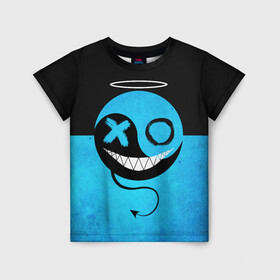 Детская футболка 3D с принтом Smail Blue в Екатеринбурге, 100% гипоаллергенный полиэфир | прямой крой, круглый вырез горловины, длина до линии бедер, чуть спущенное плечо, ткань немного тянется | emoji | smile | глаза крестики | злой смайл | злой смайлик | зубы | контраст | крестики | подарок | пятна | смайл | смайлик | улыбка | эмоджи | эмоция