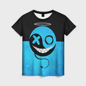 Женская футболка 3D с принтом Smail Blue в Екатеринбурге, 100% полиэфир ( синтетическое хлопкоподобное полотно) | прямой крой, круглый вырез горловины, длина до линии бедер | emoji | smile | глаза крестики | злой смайл | злой смайлик | зубы | контраст | крестики | подарок | пятна | смайл | смайлик | улыбка | эмоджи | эмоция
