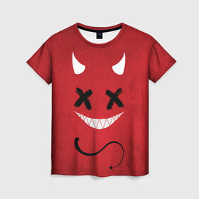 Женская футболка 3D с принтом Red Evil Smile в Екатеринбурге, 100% полиэфир ( синтетическое хлопкоподобное полотно) | прямой крой, круглый вырез горловины, длина до линии бедер | emoji | smile | глаза крестики | злой смайл | злой смайлик | зубы | контраст | крестики | подарок | пятна | смайл | смайлик | улыбка | эмоджи | эмоция