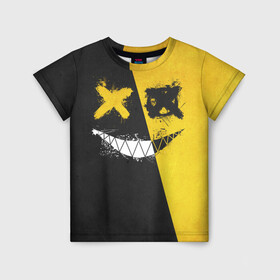 Детская футболка 3D с принтом Yellow and Black Emoji в Екатеринбурге, 100% гипоаллергенный полиэфир | прямой крой, круглый вырез горловины, длина до линии бедер, чуть спущенное плечо, ткань немного тянется | emoji | smile | глаза крестики | злой смайл | злой смайлик | зубы | контраст | крестики | подарок | пятна | смайл | смайлик | улыбка | эмоджи | эмоция
