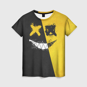 Женская футболка 3D с принтом Yellow and Black Emoji в Екатеринбурге, 100% полиэфир ( синтетическое хлопкоподобное полотно) | прямой крой, круглый вырез горловины, длина до линии бедер | emoji | smile | глаза крестики | злой смайл | злой смайлик | зубы | контраст | крестики | подарок | пятна | смайл | смайлик | улыбка | эмоджи | эмоция