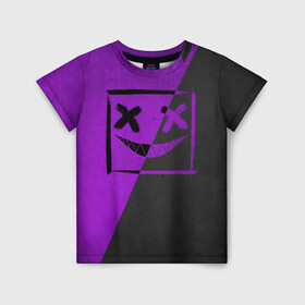 Детская футболка 3D с принтом Purple Smile в Екатеринбурге, 100% гипоаллергенный полиэфир | прямой крой, круглый вырез горловины, длина до линии бедер, чуть спущенное плечо, ткань немного тянется | Тематика изображения на принте: emoji | smile | глаза крестики | злой смайл | злой смайлик | зубы | контраст | крестики | подарок | пятна | смайл | смайлик | улыбка | эмоджи | эмоция