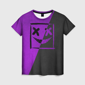 Женская футболка 3D с принтом Purple Smile в Екатеринбурге, 100% полиэфир ( синтетическое хлопкоподобное полотно) | прямой крой, круглый вырез горловины, длина до линии бедер | emoji | smile | глаза крестики | злой смайл | злой смайлик | зубы | контраст | крестики | подарок | пятна | смайл | смайлик | улыбка | эмоджи | эмоция
