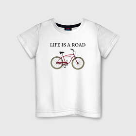 Детская футболка хлопок с принтом Велосипед в Екатеринбурге, 100% хлопок | круглый вырез горловины, полуприлегающий силуэт, длина до линии бедер | Тематика изображения на принте: bike | life | road | велосипед | дорога | жизнь