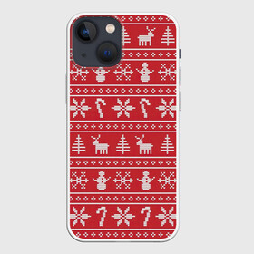 Чехол для iPhone 13 mini с принтом Новогодний атрибуты в Екатеринбурге,  |  | арт | вязаный рисунок | вязь | дерево | деревья | ёлка | ёлки | ель | конфета | конфеты | новый год | ночь | олени | олень | рисунок | рога | рождество | снег | снеговик | снеговики | снежинка | снежинки