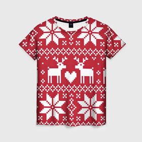 Женская футболка 3D с принтом Рождественские олени в Екатеринбурге, 100% полиэфир ( синтетическое хлопкоподобное полотно) | прямой крой, круглый вырез горловины, длина до линии бедер | арт | большие цветы | большой цветок | вязаный рисунок | вязь | новый год | олени | олень | рисунок | рождество | сердечко | сердце | снег | снежинка | снежинки | цветок | цветы