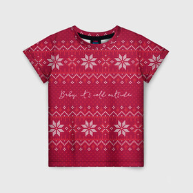 Детская футболка 3D с принтом Мне холодно в Екатеринбурге, 100% гипоаллергенный полиэфир | прямой крой, круглый вырез горловины, длина до линии бедер, чуть спущенное плечо, ткань немного тянется | английский | английский текст | арт | вязаный рисунок | вязь | иностранный текст | мне холодно | новый год | ночь | рисунок | рождество | снег | снеговик | снеговики | снежинка | снежинки | холодно