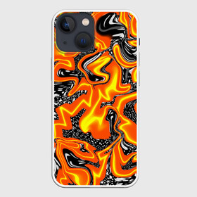 Чехол для iPhone 13 mini с принтом Огненные разводы лавы в Екатеринбурге,  |  | Тематика изображения на принте: абстракция | желтый | огонь | оранжевый | пламя | пятна | разводы | чёрный | языки пламени
