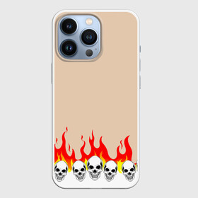 Чехол для iPhone 13 Pro с принтом Черепа в Огне (Бежевый) в Екатеринбурге,  |  | fire | head | skulls | голова | зверь | зубы | кости | огонь | паттерн | пламя | скелет | текстура | узор | черепа