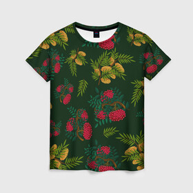 Женская футболка 3D с принтом ветки рябины и облепихи в Екатеринбурге, 100% полиэфир ( синтетическое хлопкоподобное полотно) | прямой крой, круглый вырез горловины, длина до линии бедер | ветки | деревья | зеленый | зима | лес | листья | новый год | облепиха | осень | праздничный | природа | рождество | рябина | темно зеленый | ягоды