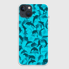 Чехол для iPhone 13 с принтом Синий камуфляж с дельфинами в Екатеринбурге,  |  | дельфин | дельфины | море | морской | океан | паттерн | рыба