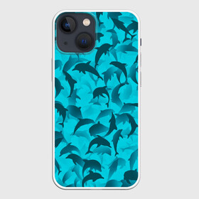 Чехол для iPhone 13 mini с принтом Синий камуфляж с дельфинами в Екатеринбурге,  |  | дельфин | дельфины | море | морской | океан | паттерн | рыба