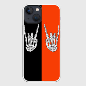 Чехол для iPhone 13 mini с принтом Ладошки скелета в Екатеринбурге,  |  | bones | halloween | hands | happy halloween | rock | skeleton | skillet | skull | жест | жест коза | кисти рук | кости | ладони | ладошки | металлист | молодежные | пальцы | пальцы вверх | подростковые | рога | рокер | руки | символ | скеле