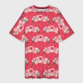 Платье-футболка 3D с принтом Красные розы паттерн в Екатеринбурге,  |  | rose | паттерн | розочки | розы | цветки | цветочки | цветы